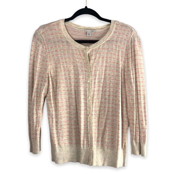 Halogen Womens Size XL Cardigan Sweater‎ Button Down Striped Pink Beige Tan - Picture 1 of 10
